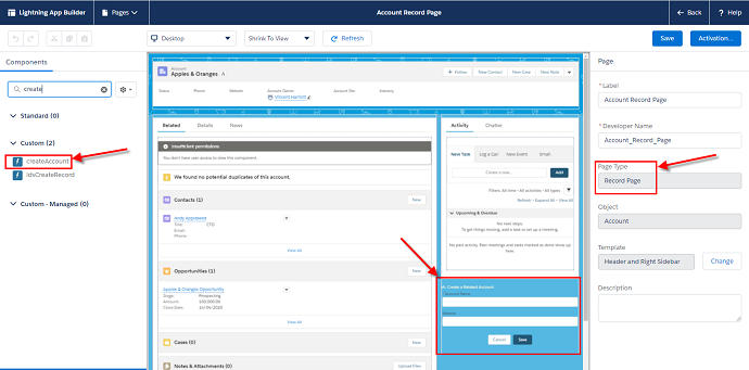 createAccount LWC on Lightning App Record Page