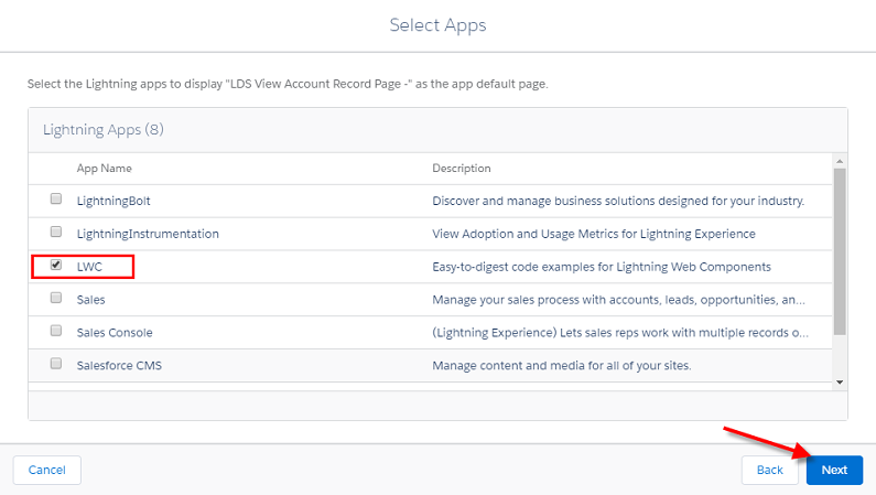 Select Lightning Apps for LDS View Account Rec Page