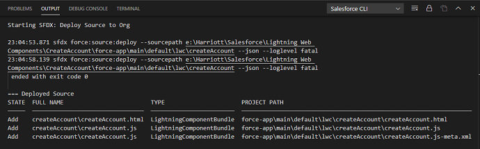VsCode Output of Successful LWC Deployment