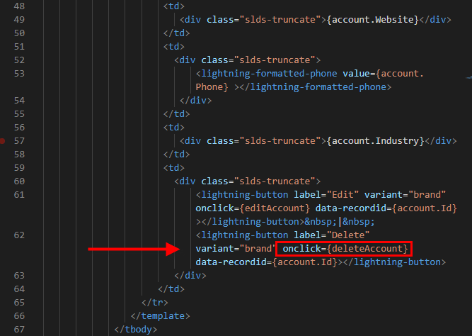 customSearchHtml -> onClick - deleteAccount()